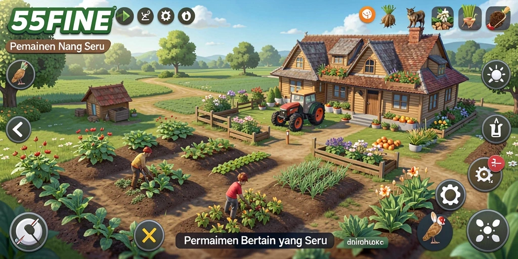 Screenshot utama 55FIVE menampilkan kebun subur yang rimbun dan hewan ternak di latar belakang.