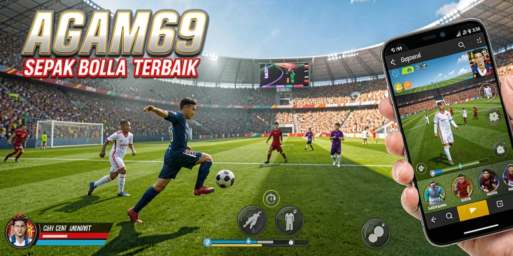 Screenshot utama AGAM69 menunjukkan aksi seru di lapangan sepak bola.