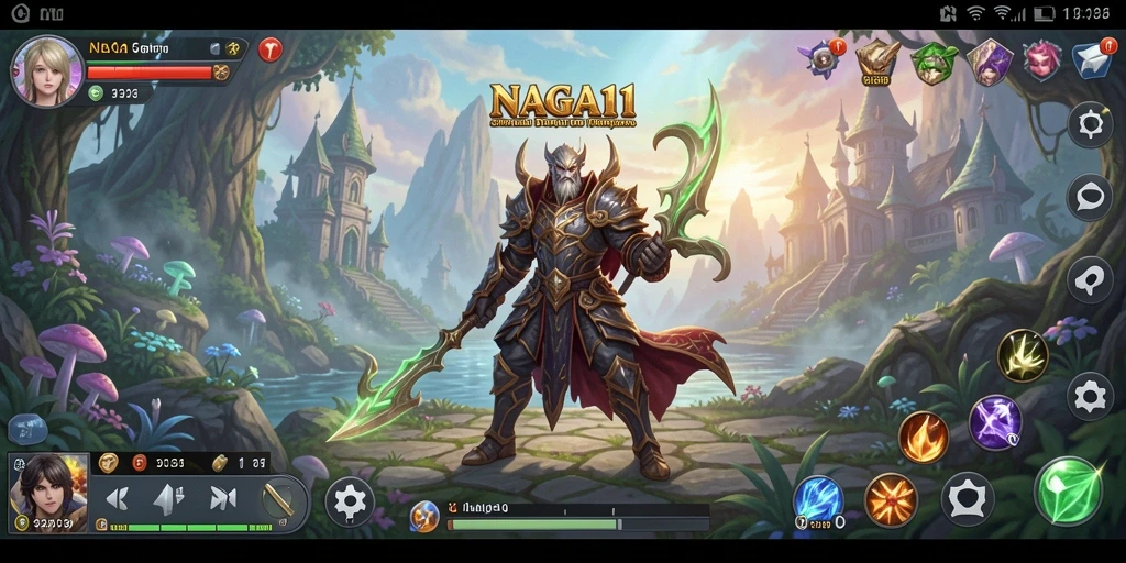 Screenshot utama NAGA11 menunjukkan karakter yang beraksi dalam dunia fantasi.