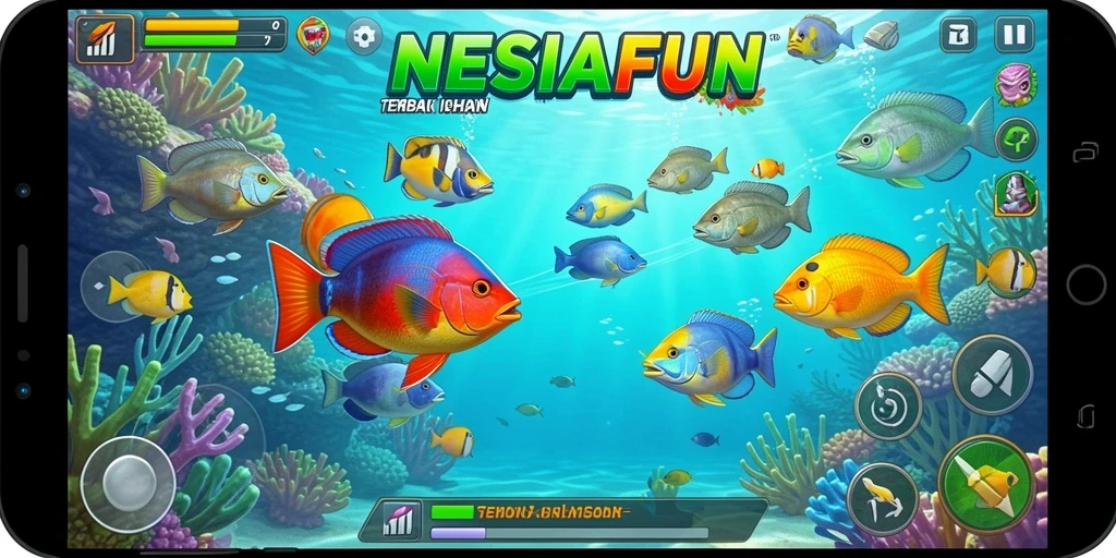 Tampilan gameplay seru dalam NESIAFUN saat menangkap ikan.