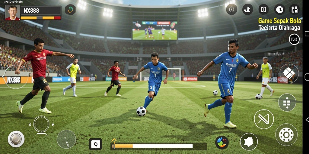 Screenshot utama NX888 menampilkan aksi gameplay sepak bola yang mendebarkan.
