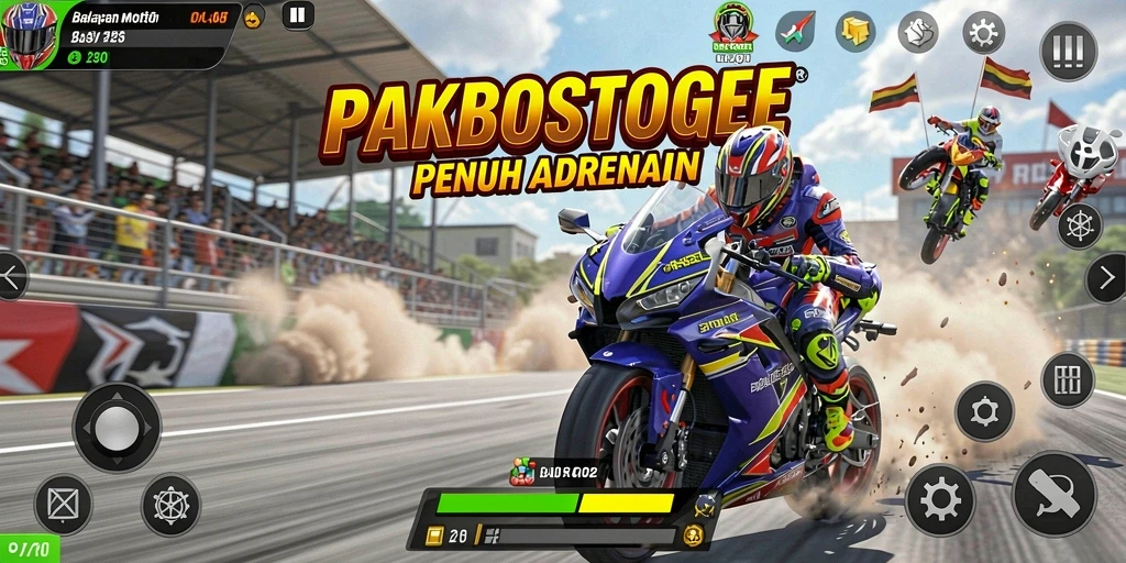 Tangkapan layar gameplay <strong>PAKBOSTOGEL</strong> menampilkan aksi balapan motor yang mendebarkan.