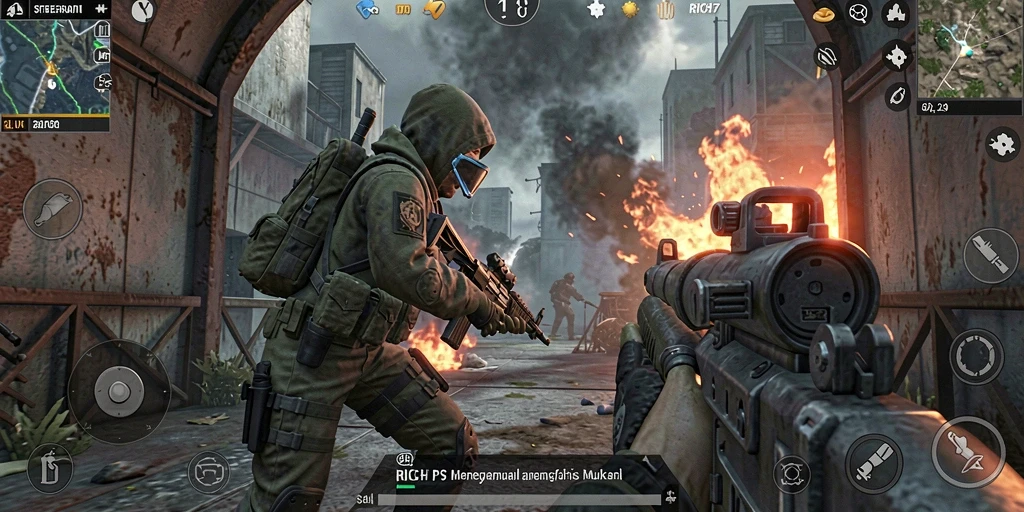 Screenshot gameplay RICH7 menampilkan aksi intens dalam pertempuran TPS.