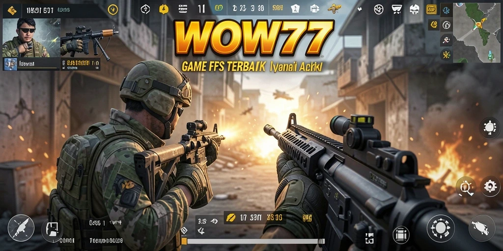 Screenshot utama WOW77 dengan aksi menembak seru dalam gameplay.