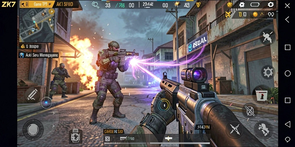 Screenshot gameplay ZK7 menampilkan aksi tembak-menembak yang intens.