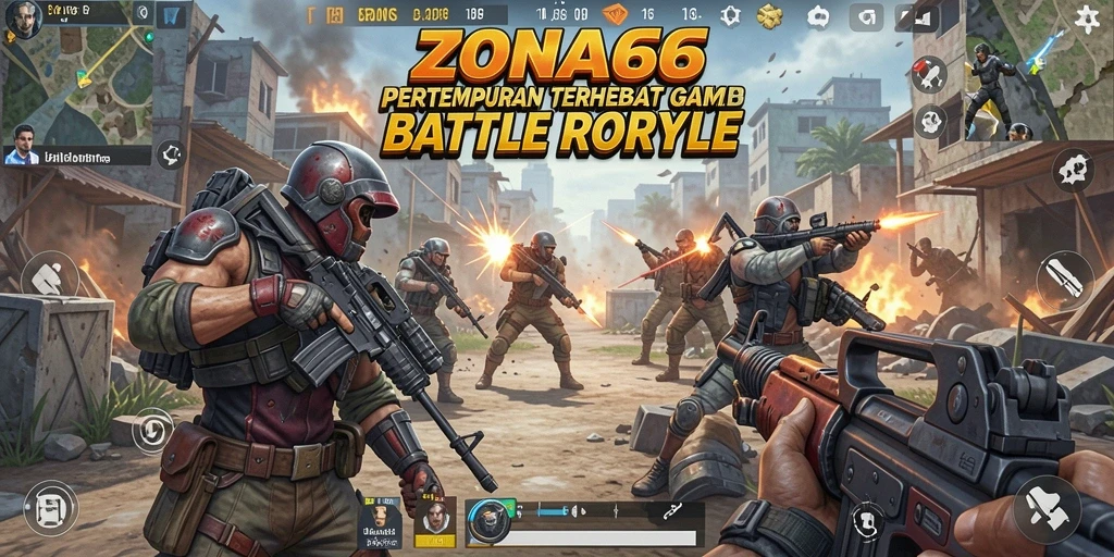 Screenshot utama ZONA66 menampilkan aksi pertempuran Battle Royale yang seru.